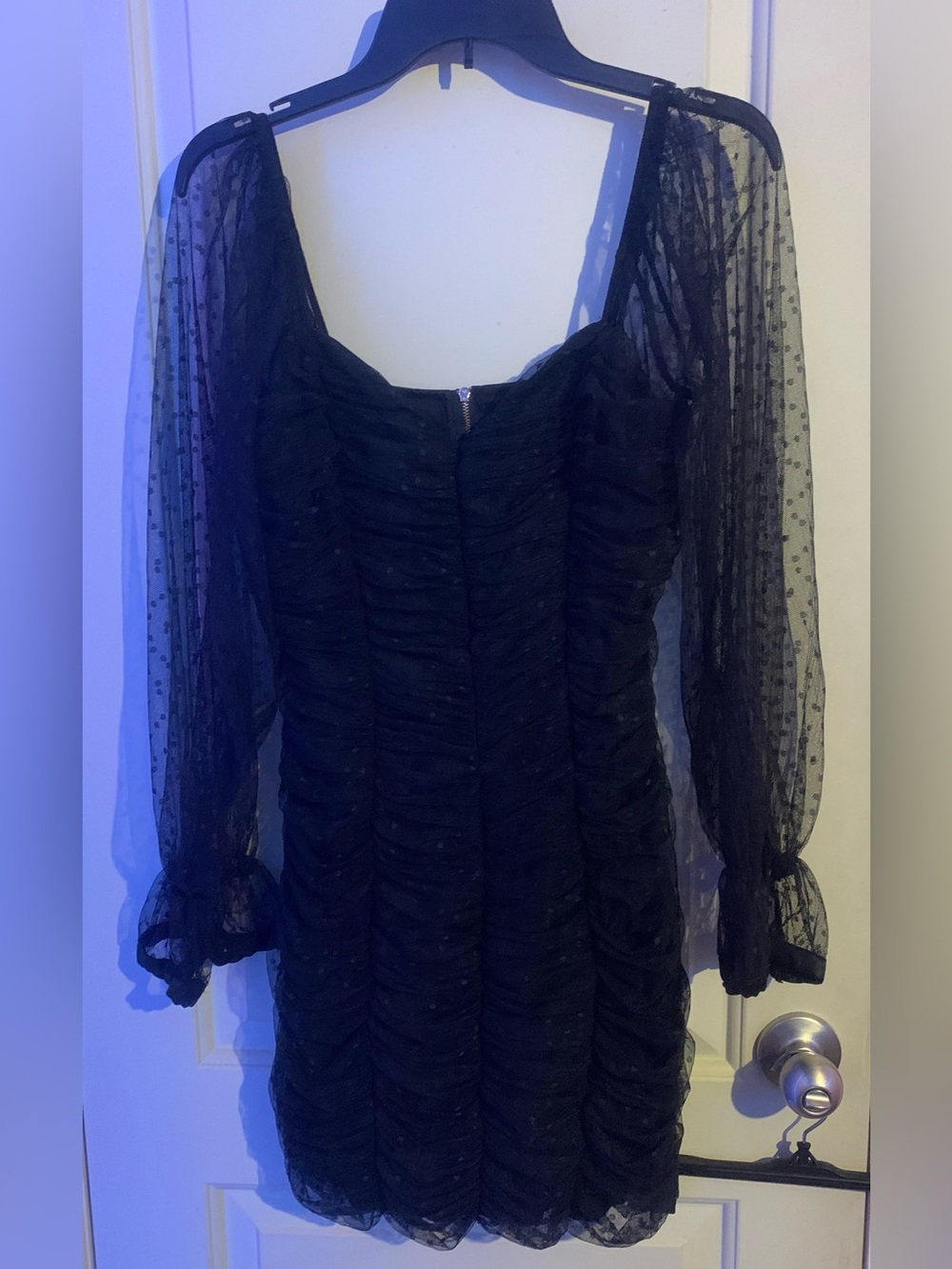 Haute Monde Black Sheer Dot-Sleeve Ruched Mini Dress